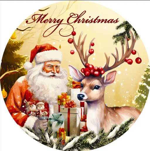 okrągła naklejka świąteczna z Mikołajem, reniferem, prezentami i napisem Merry Christmas