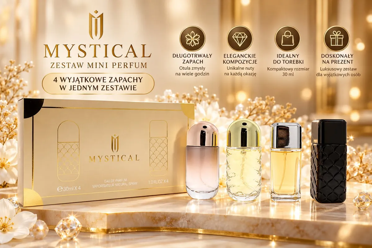 Zestaw czterech mini perfum Mystical w złoto-beżowym opakowaniu z różnymi flakonikami 30 ml