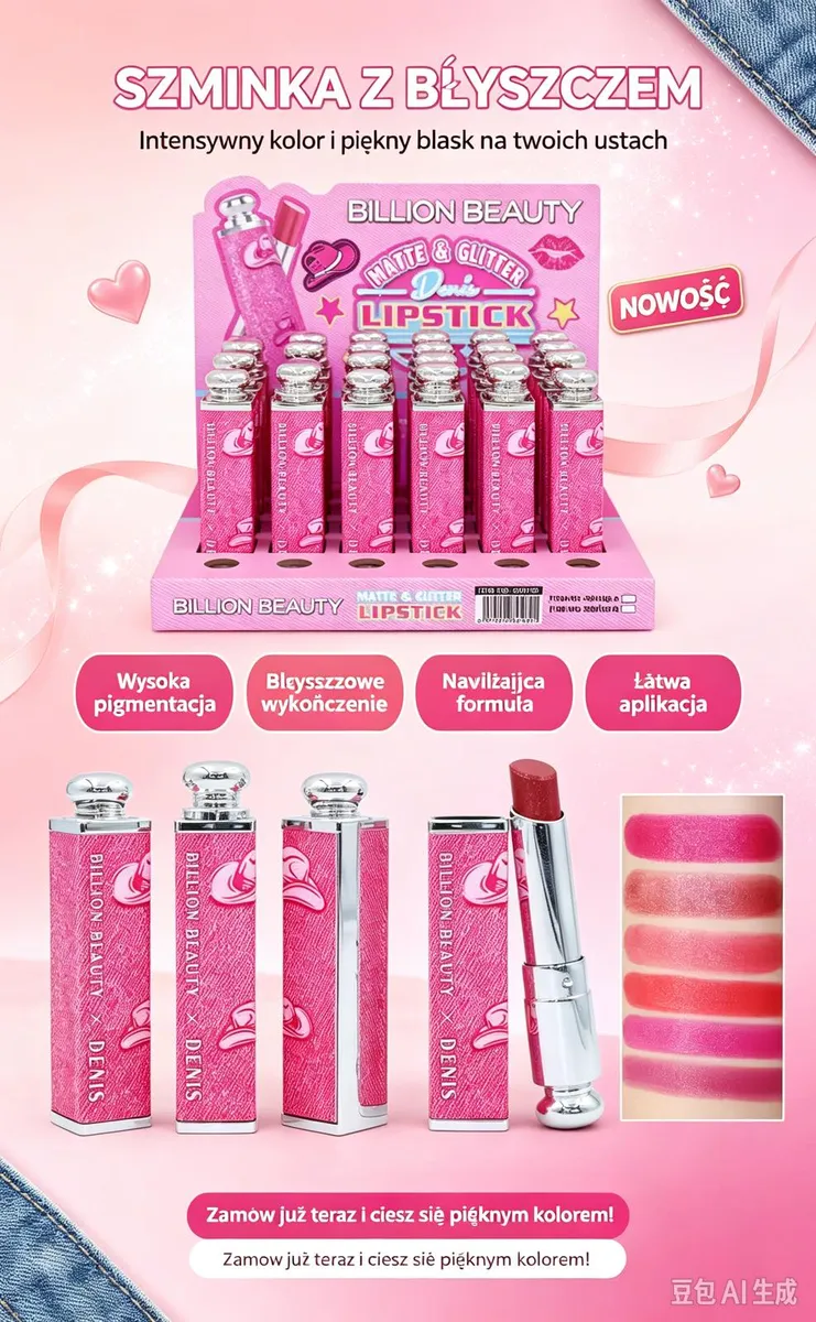 Różowa szminka Billion Beauty z błyszczącym wykończeniem i srebrnym zamknięciem, ekspozycja 24 sztuk