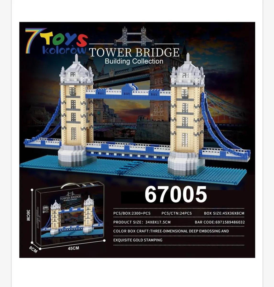 Model klocków Tower Bridge w kolorach beżowym, białym i niebieskim na niebieskiej podstawie