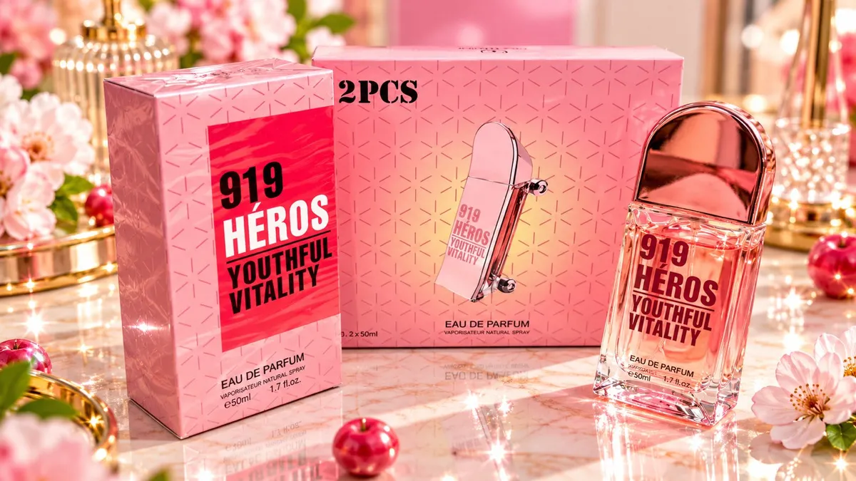 Zestaw dwóch perfum 919 HÉROS Youthful Vitality w różowym opakowaniu z geometrycznym wzorem