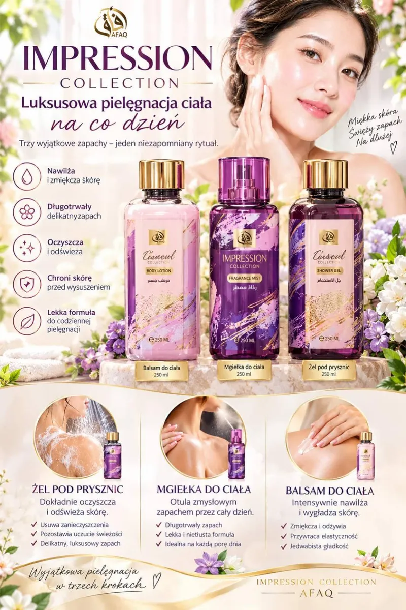 Zestaw kosmetyków do ciała Impression Collection: balsam, mgiełka i żel pod prysznic w butelkach 250 ml