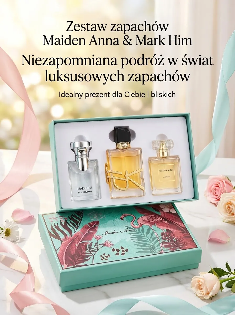 Zestaw trzech perfum 3x30ml w ozdobnym pudełku z motywem flamingów i liści, flakony różne kolory i kształty