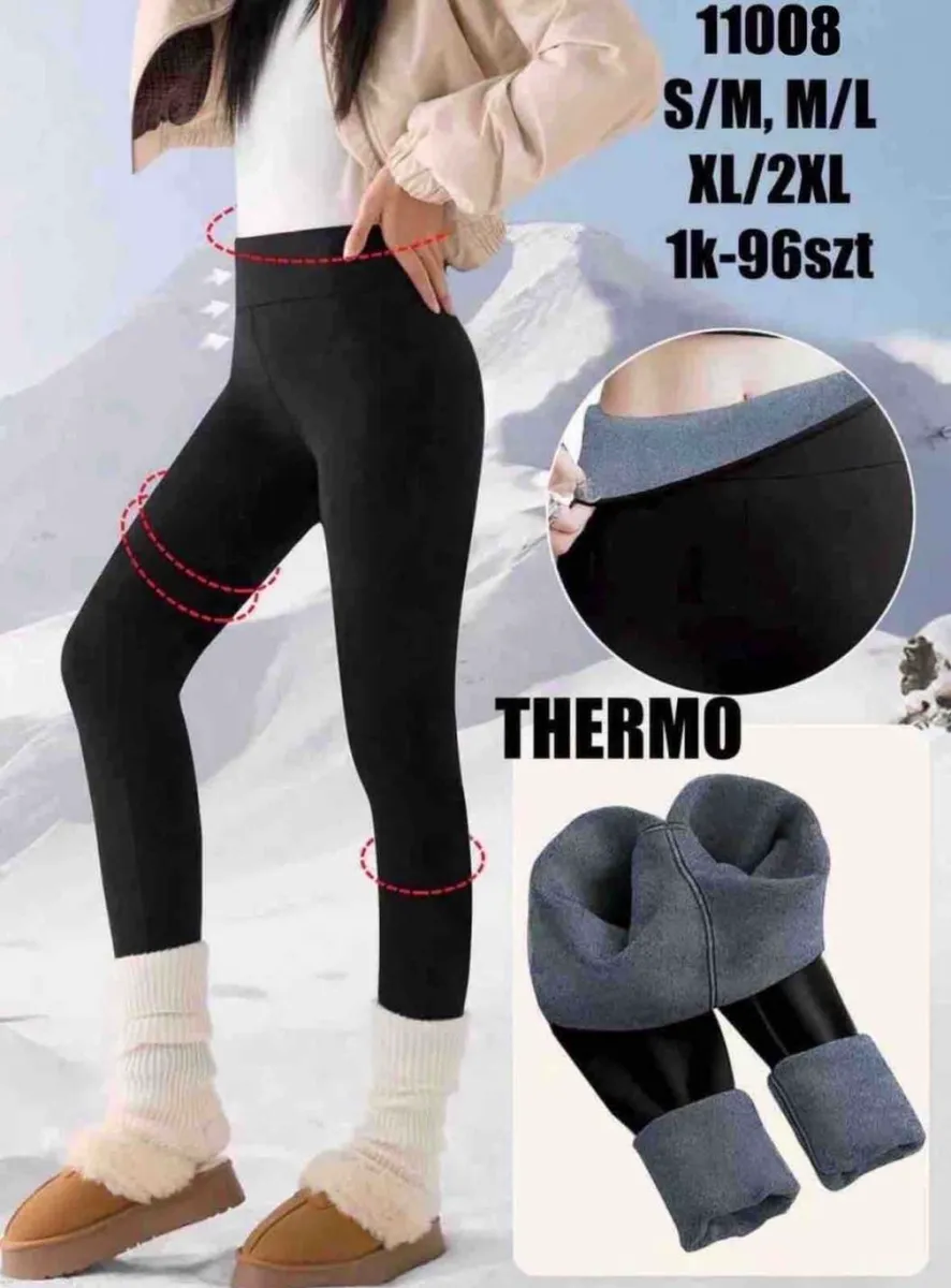 Czarne legginsy damskie termo z ociepleniem, trzy rozmiary, szeroki pas, szara warstwa wewnętrzna