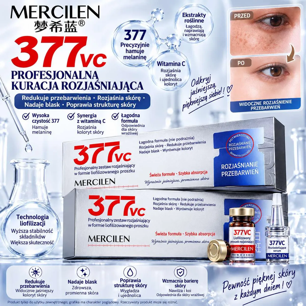 Opakowanie srebrne z czerwonym nadrukiem Mercilen 377VC, liofilizowany proszek i serum rozświetlające