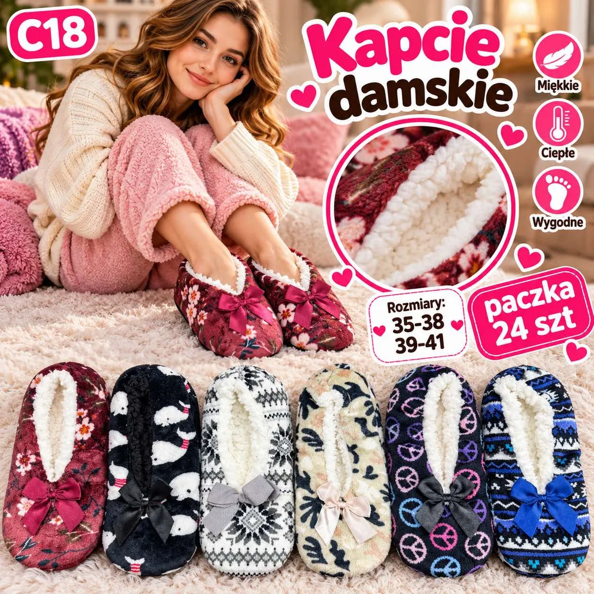 Kapcie damskie w różnych wzorach z miękkim białym futerkiem i kokardkami, rozmiary 35-41
