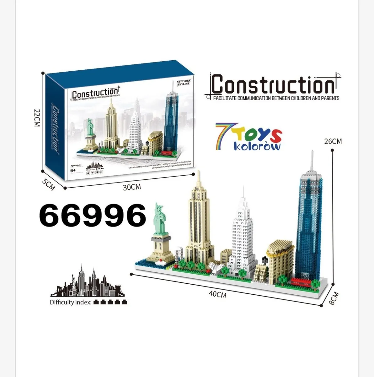 Zestaw klocków Construction przedstawiający modele budynków Nowego Jorku z siedmioma kolorami