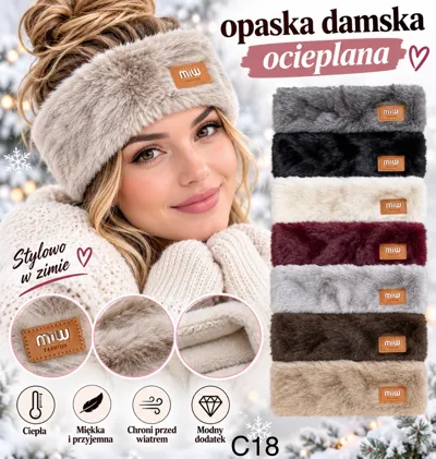 Kobieta w beżowej ocieplanej opasce damskiej, obok sześć opasek w różnych kolorach na białym tle