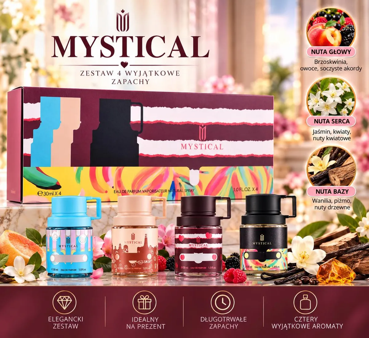 Zestaw 4 perfum Mystical w kolorowych flakonach 30 ml z kartonowym opakowaniem