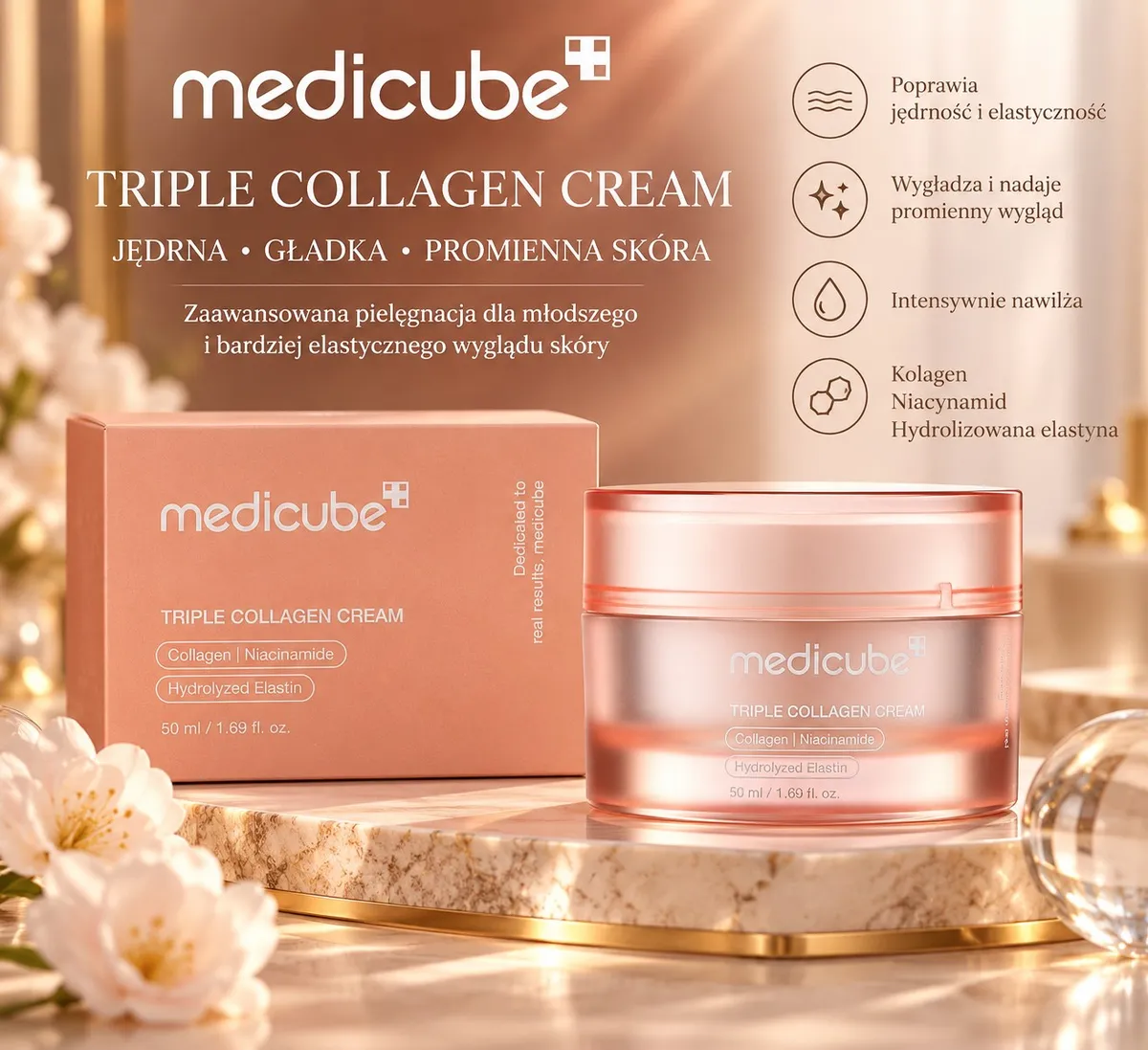 różowy słoik kremu Medicube Triple Collagen Cream 50 ml z opakowaniem na marmurowej podstawce