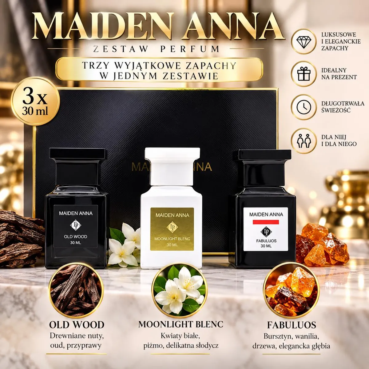 Zestaw trzech perfum Maiden Anna w czarnych i białym flakonach na marmurowym blacie