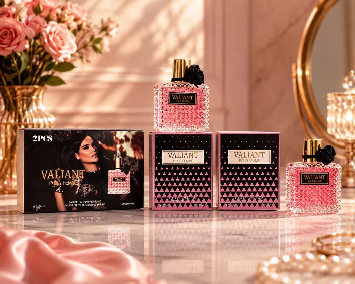 Zestaw dwóch różowych perfum Valiant Pour Femme 2x60ml z czarną różą na złotym atomizerze i czarne opakowanie z różowymi trój