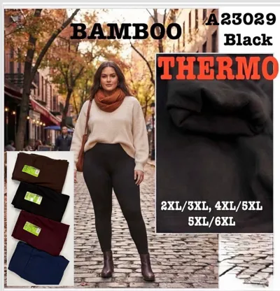 Czarne ocieplane legginsy Bamboo Thermo na modelce, widoczne różne kolory i rozmiary na opakowaniach