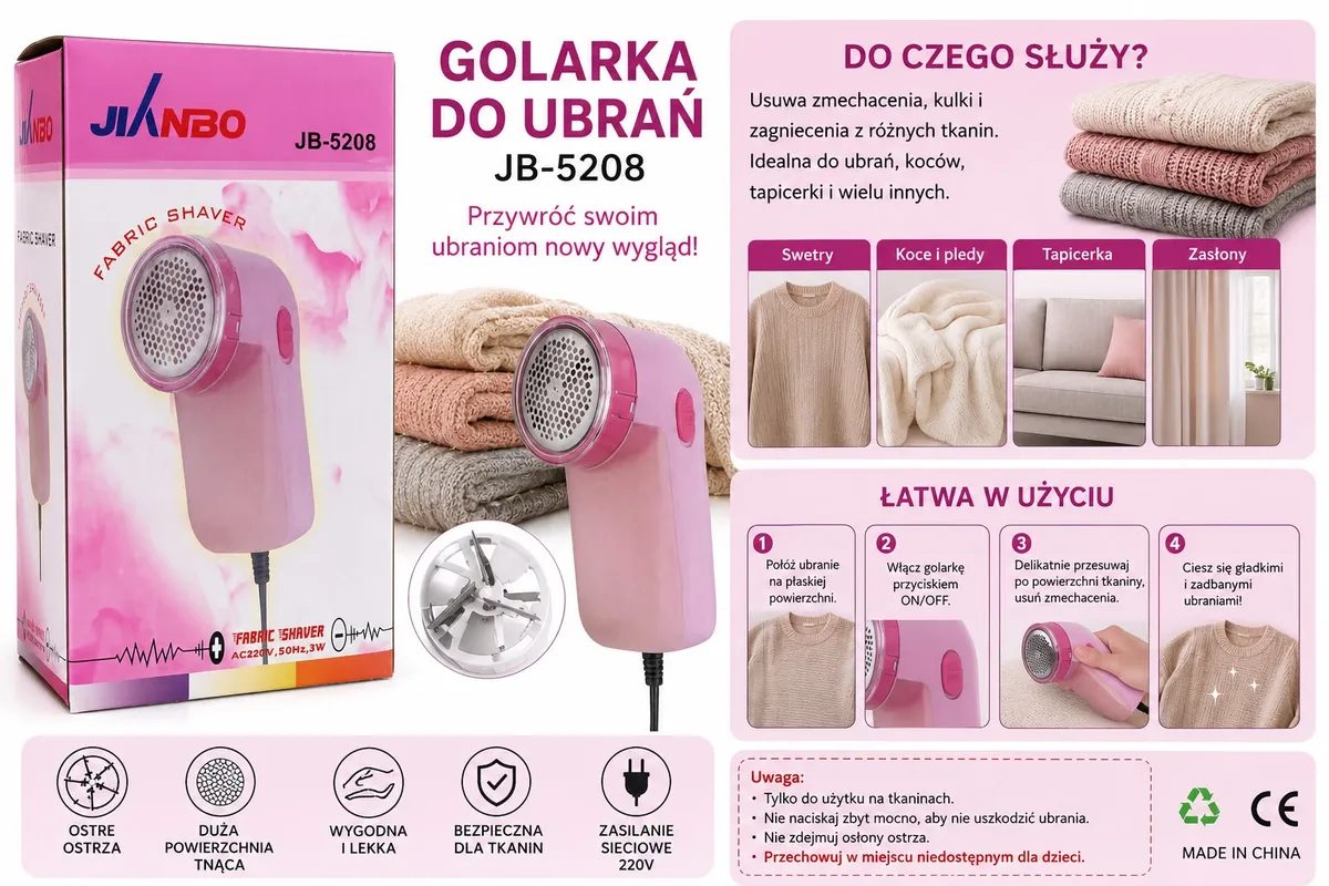 Różowa golarka do ubrań JB-5208 z dużą powierzchnią tnącą i opakowaniem z instrukcją