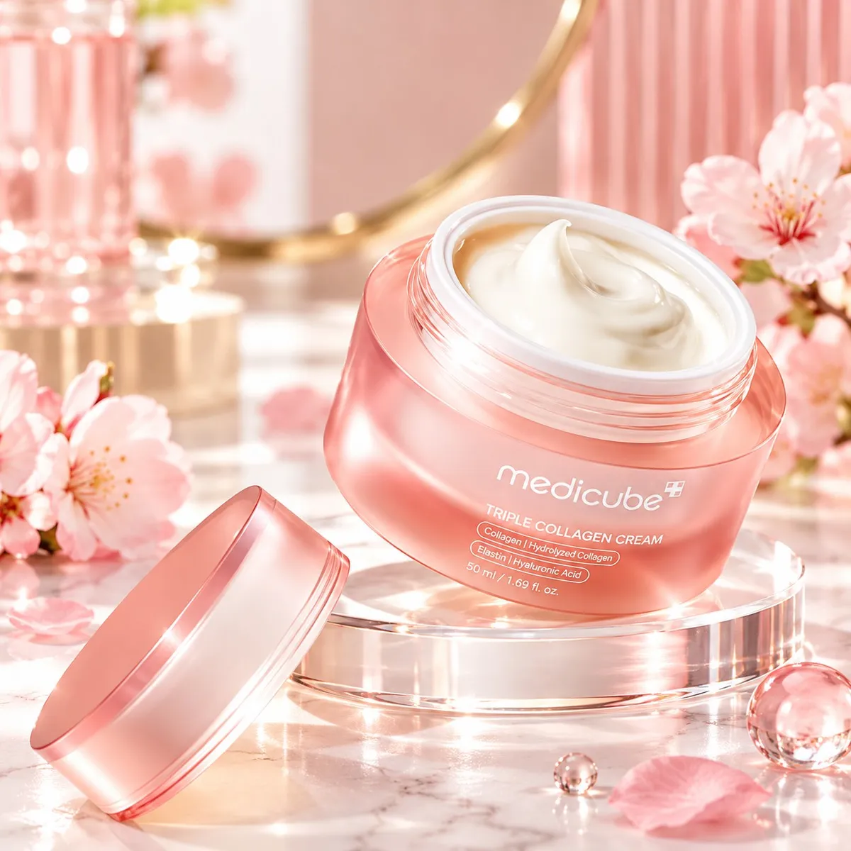 różowy słoik kremu do twarzy Medicube triple collagen 50 ml z otwartą pokrywką i kremową zawartością