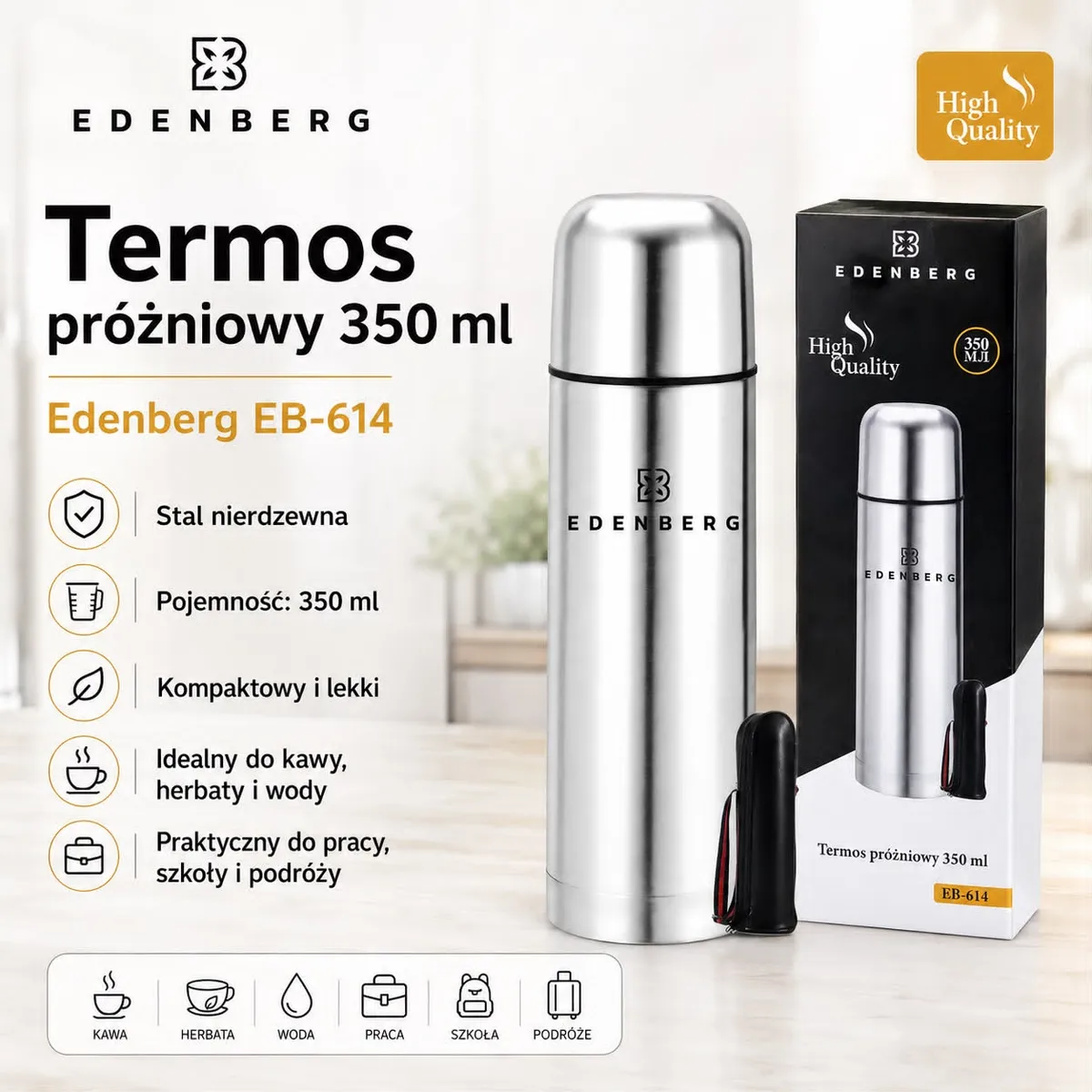 Srebrny termos próżniowy Edenberg 350 ml ze stali nierdzewnej z czarną nasadką i opakowaniem