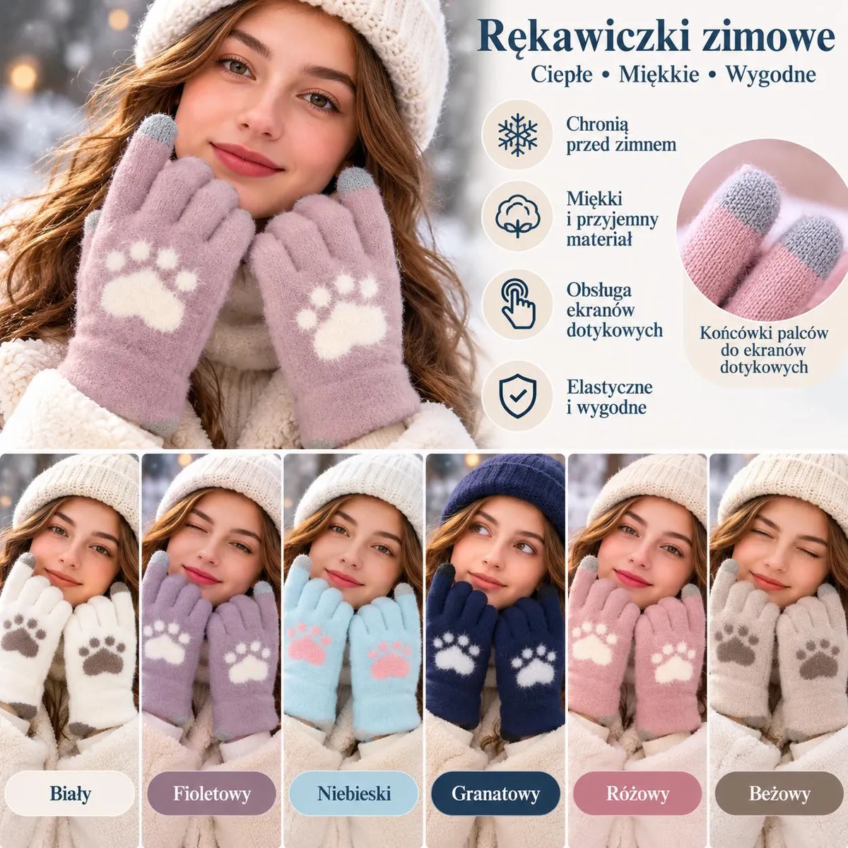 Kobieta w białej czapce i szaliku nosi różowe miękkie rękawiczki zimowe z białym motywem łapki
