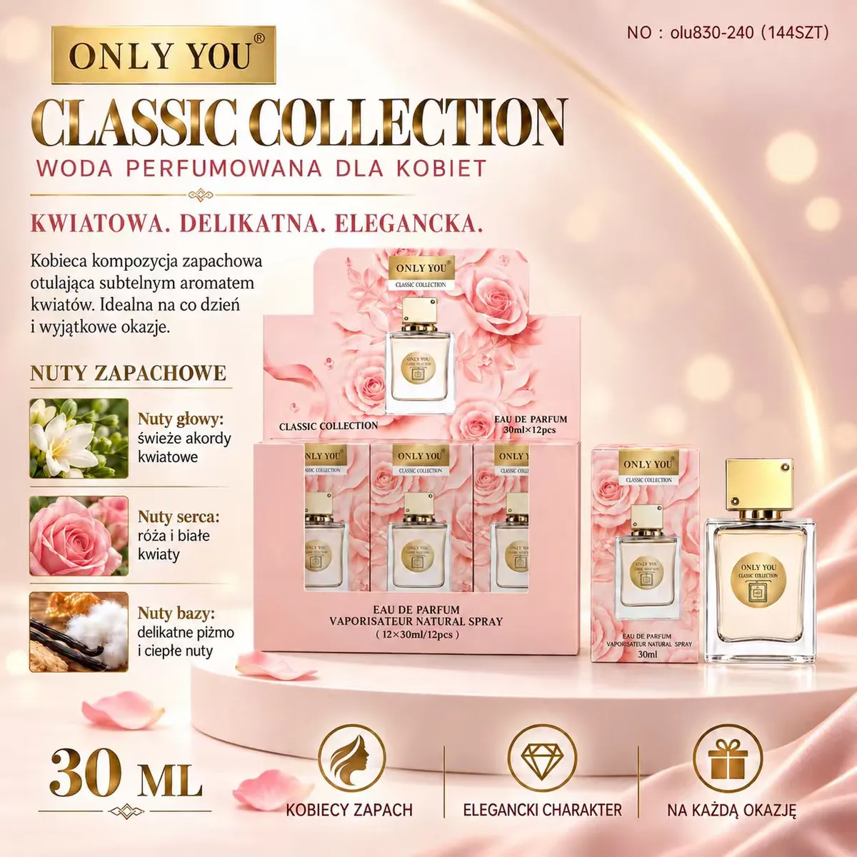 Butelka wody perfumowanej Only You Classic Collection 30 ml z różowym opakowaniem i motywem róż