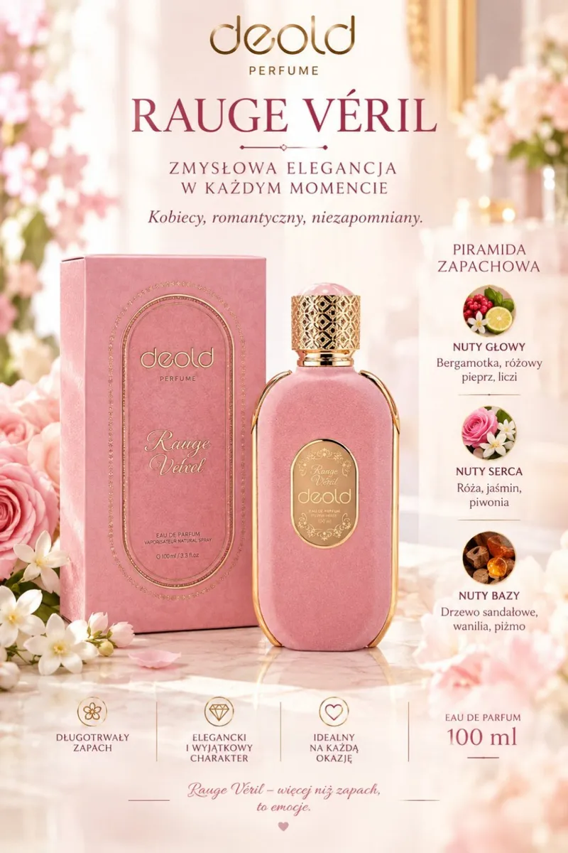 Różowy flakon perfum Deold Rouge Véryl 100 ml z ozdobnym złotym dekorem i pudełkiem