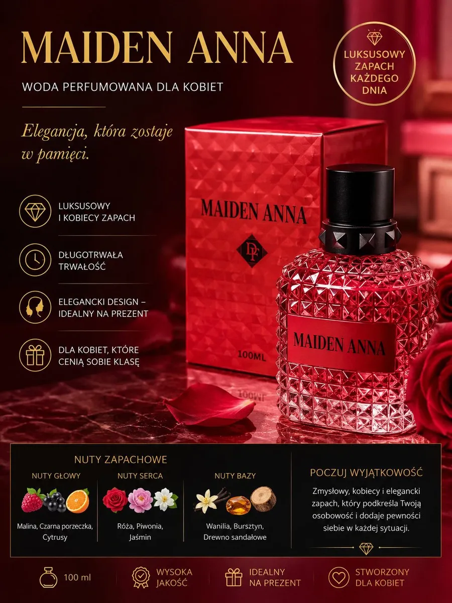 Czerwony flakon perfum Maiden Anna 100 ml z geometrycznym wzorem i czarną zakrętką obok czerwonego pudełka