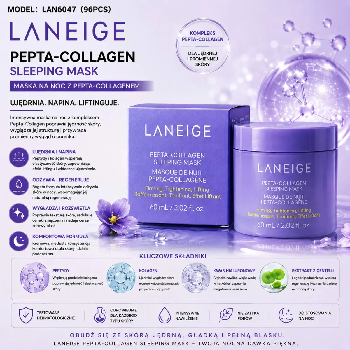 Fioletowe opakowanie i słoik maski na noc Laneige Pepta-Collagen 60 ml z grafiką molekuł i kwiatem