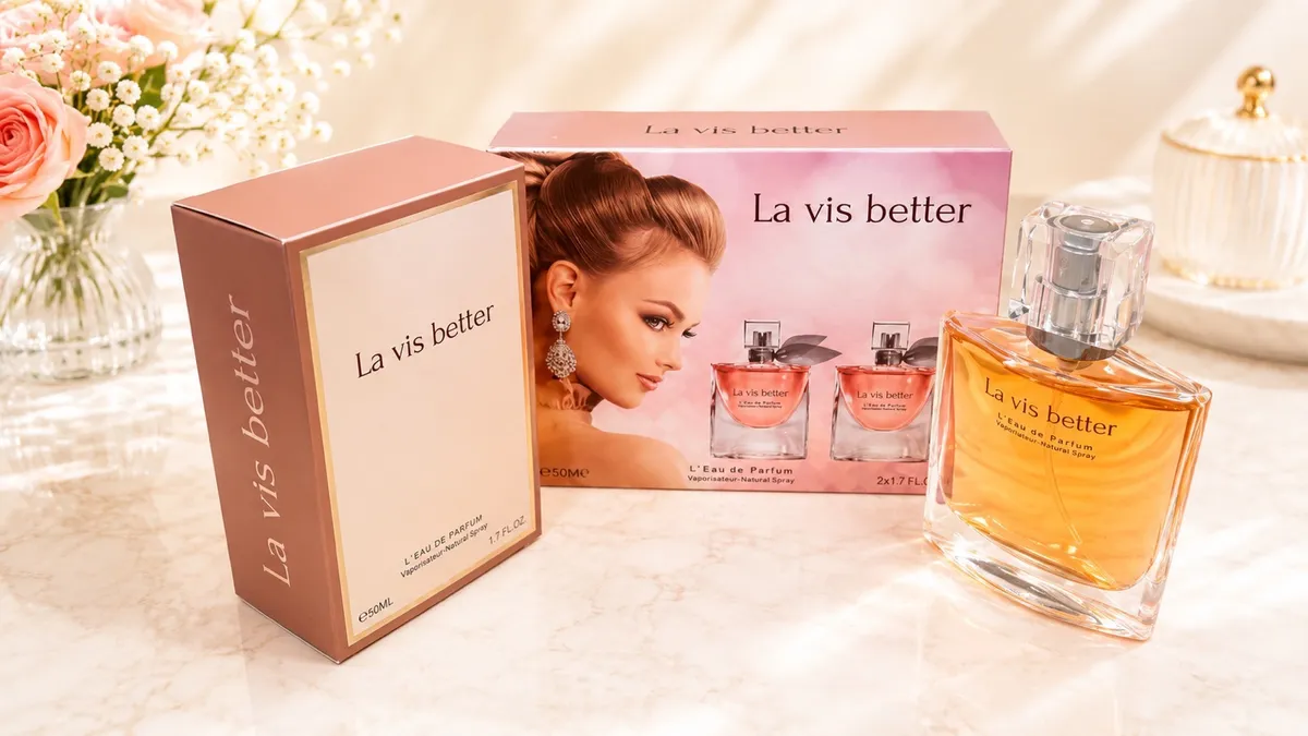 Zestaw perfum La vis better 2x50ml w różowo-beżowym opakowaniu z flakonem i wizerunkiem kobiety