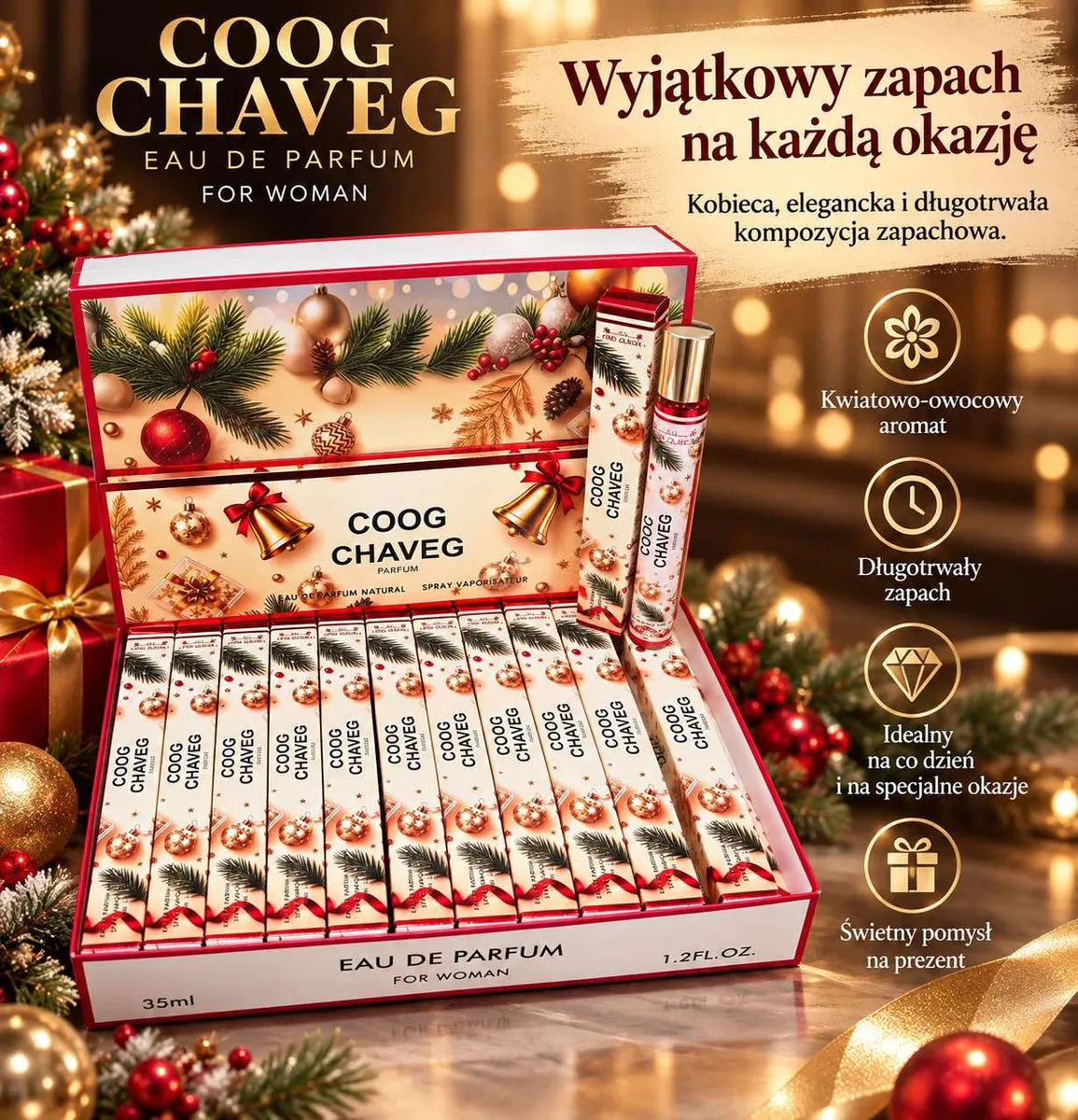 Perfumetki Coog Chaveg 35 ml w świątecznym opakowaniu z motywem gałązek sosny i dzwonków