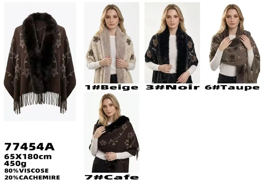 Poncho damskie z futrzanym kołnierzem i kwiatowym haftem w czterech kolorach na modelce