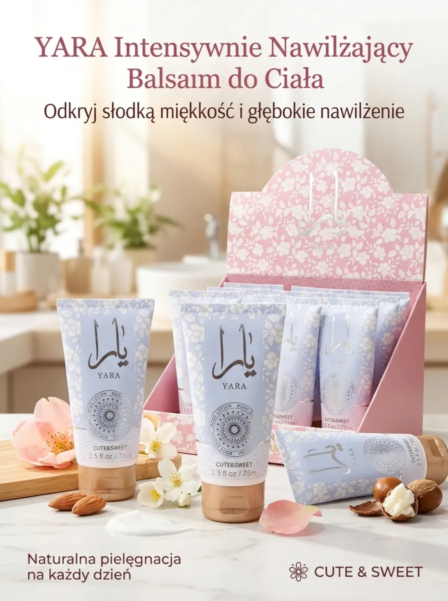 Fioletowe tubki balsamu YARA 75 ml z kwiatowym wzorem i złotym zamknięciem w różowym stojaku