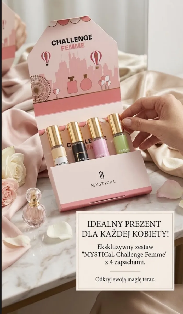 Zestaw 4 perfum Challenge Femme w różowo-białym opakowaniu z złotymi nakrętkami i kolorowymi etykietami
