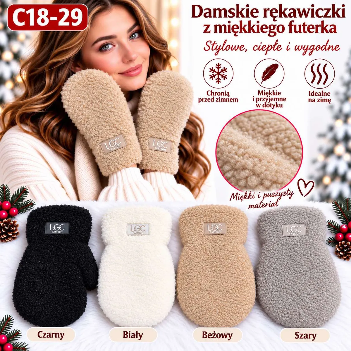 Damskie rękawiczki typu muff z miękkiego futerka w kolorach czarnym, białym, beżowym i szarym