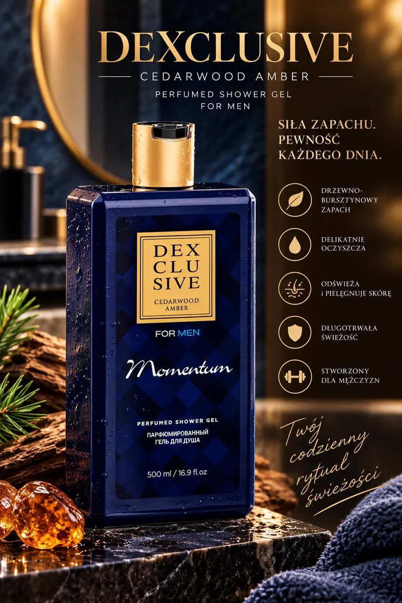 Granatowa butelka żelu pod prysznic z złotym zamknięciem i napisem DEXCLUSIVE Cedarwood Amber
