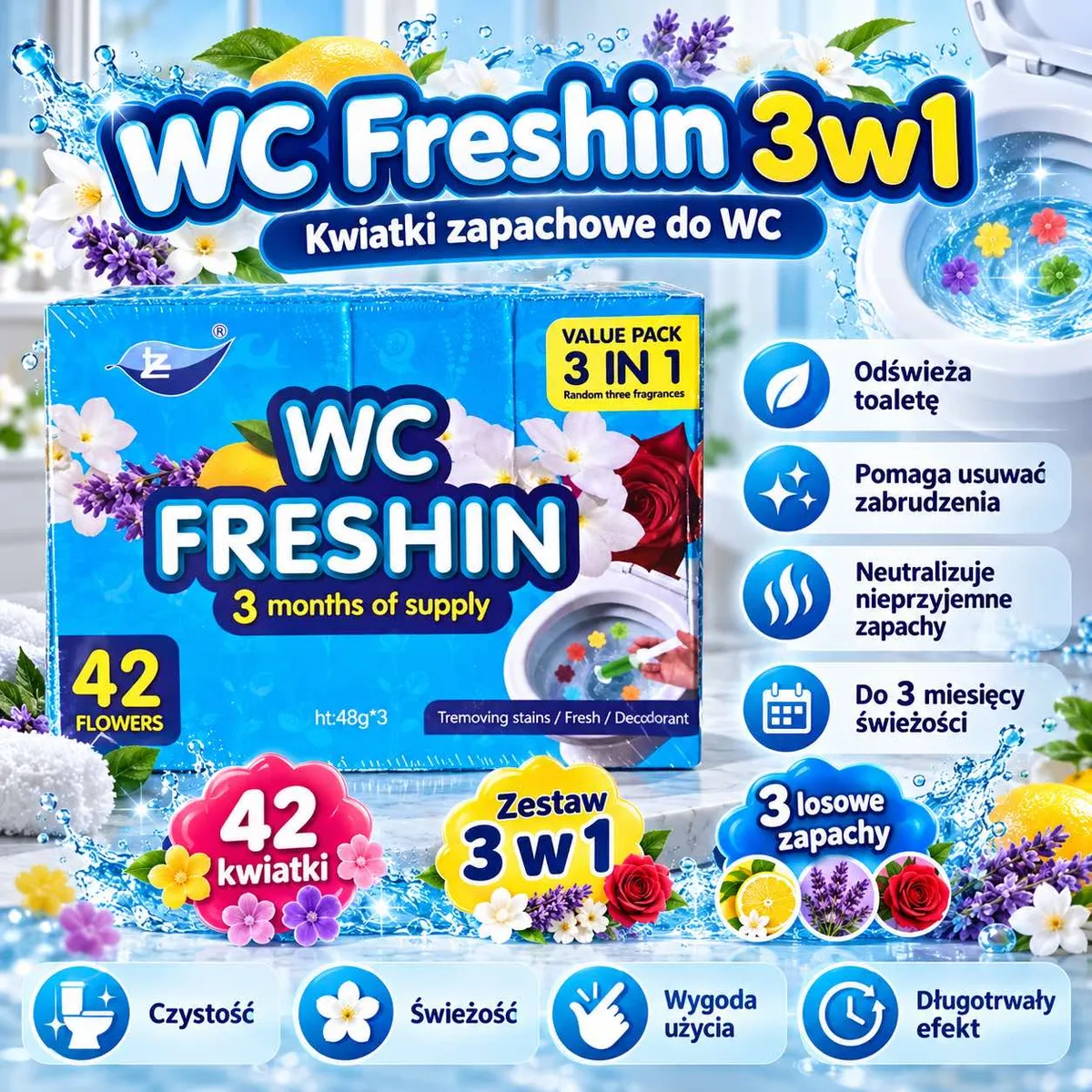Opakowanie kwiatków zapachowych WC Freshin 3w1 z 42 sztukami i trzema zapachami do toalety