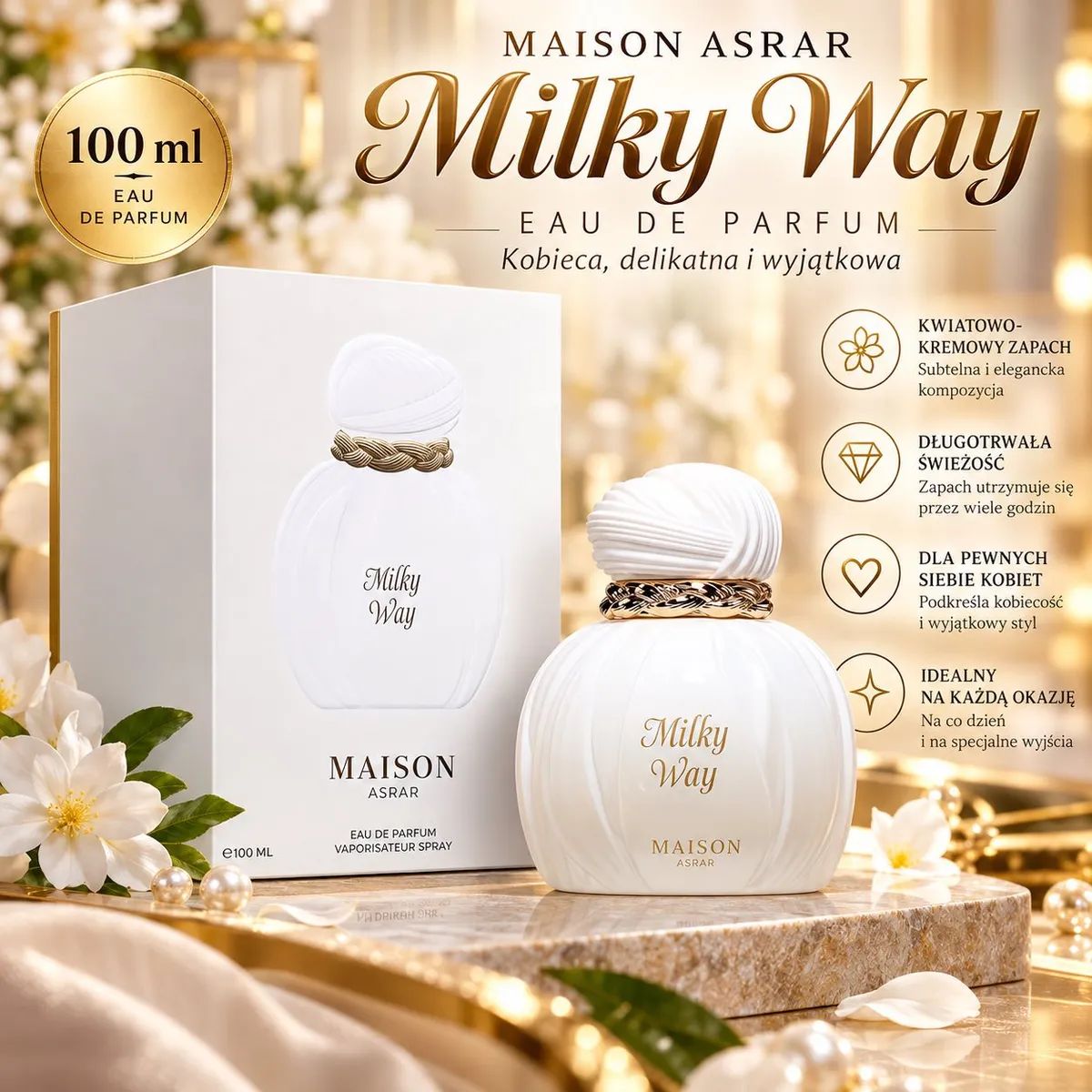 Białe matowe perfumy damskie Maison Asrar Milky Way 100 ml z ozdobnym złotym pierścieniem i eleganckim opakowaniem