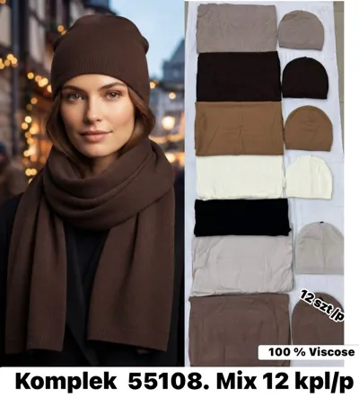 komplet damski 12 sztuk czapek i szalików w kolorach beż, brąz, czarny, kremowy, szary