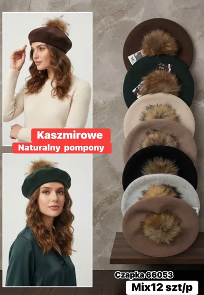 Zestaw kaszmirowych beretów z naturalnymi pomponami w różnych kolorach ułożonych pionowo