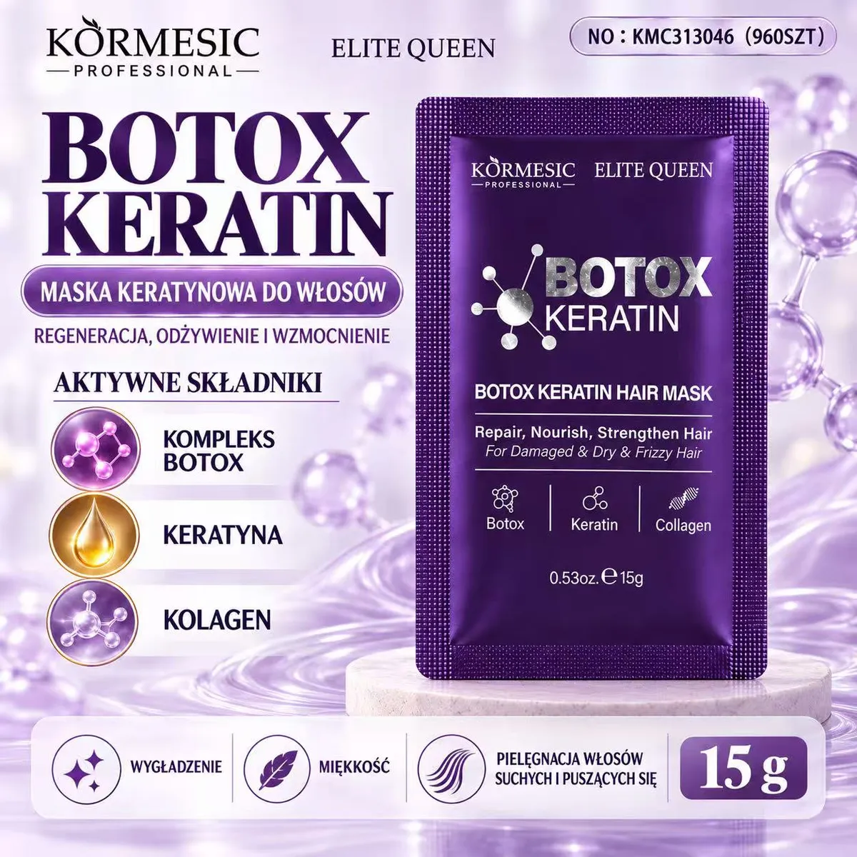 Fioletowa saszetka maski keratynowej Körmesic Professional Botox Keratin 15g na jasnym tle z grafiką molekuł