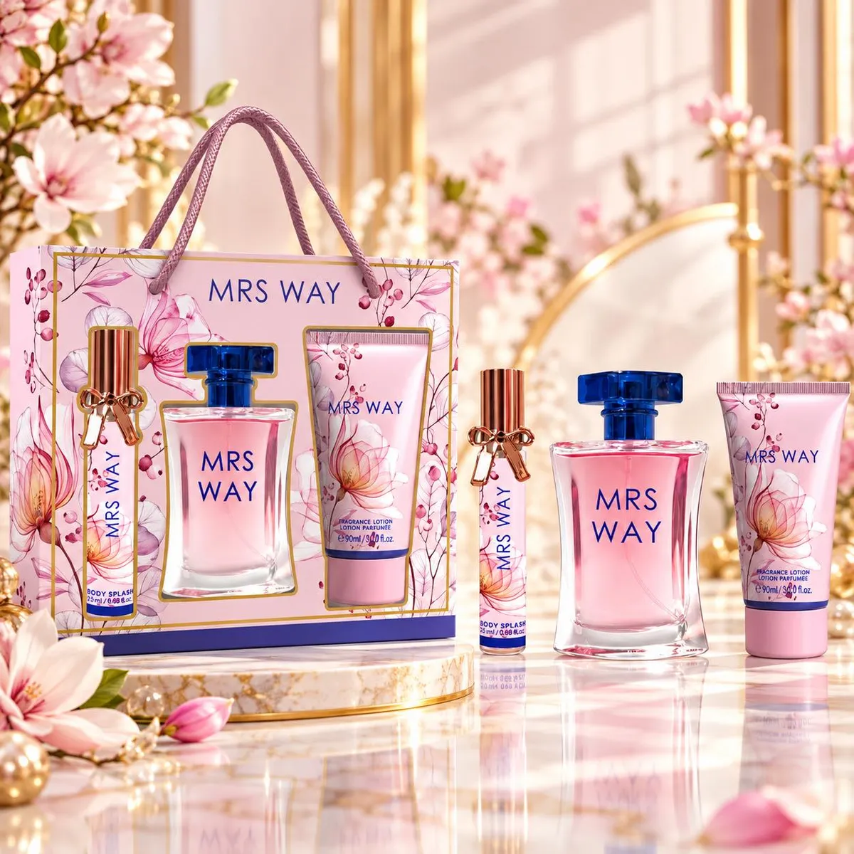 Zestaw perfum Mrs Way z body splash 25 ml, balsamem 90 ml i różowo-fioletową torbą prezentową