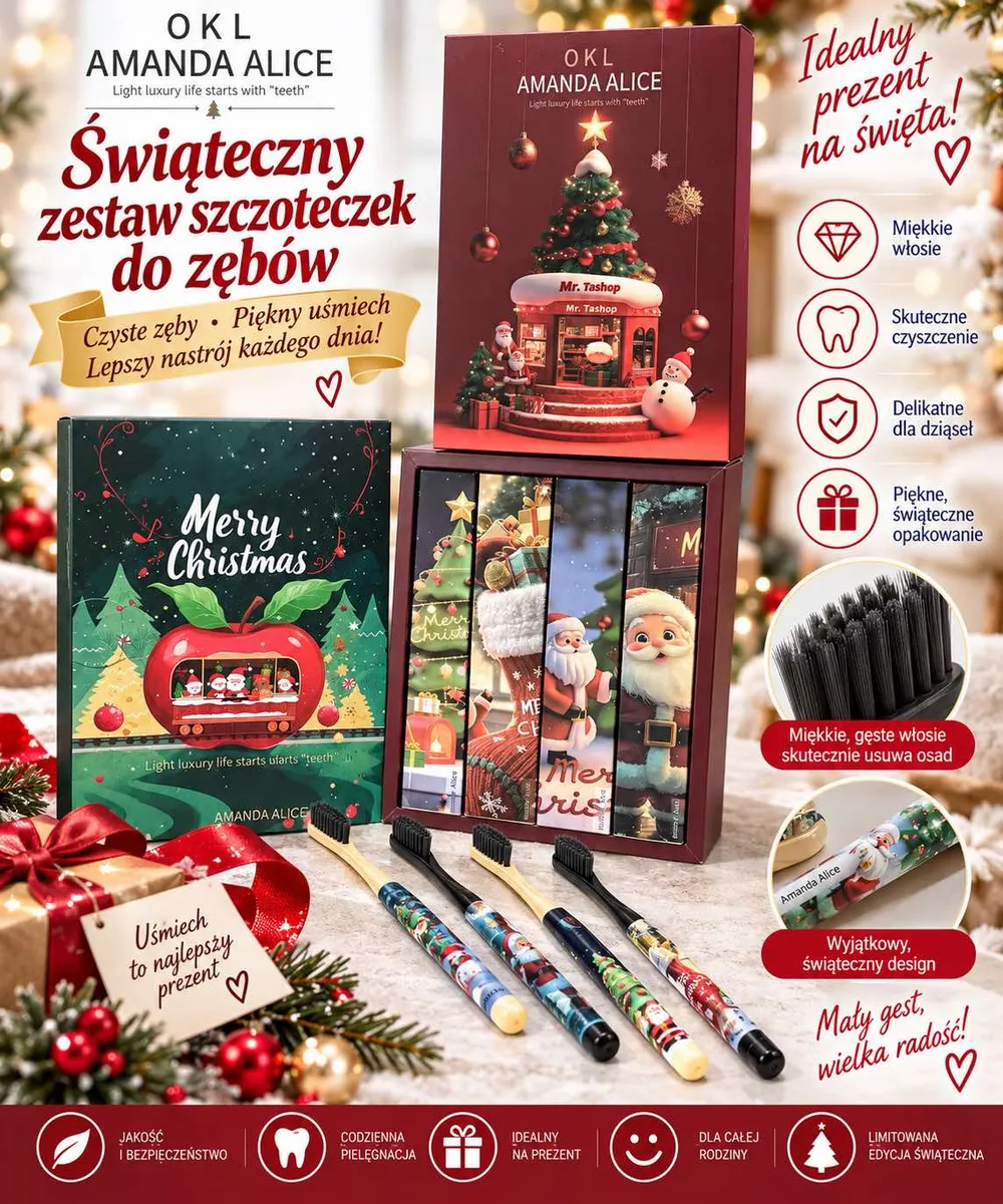 Zestaw 4 szczoteczek do zębów z miękkim czarnym włosiem i świątecznymi motywami na rączkach w ozdobnym pudełku