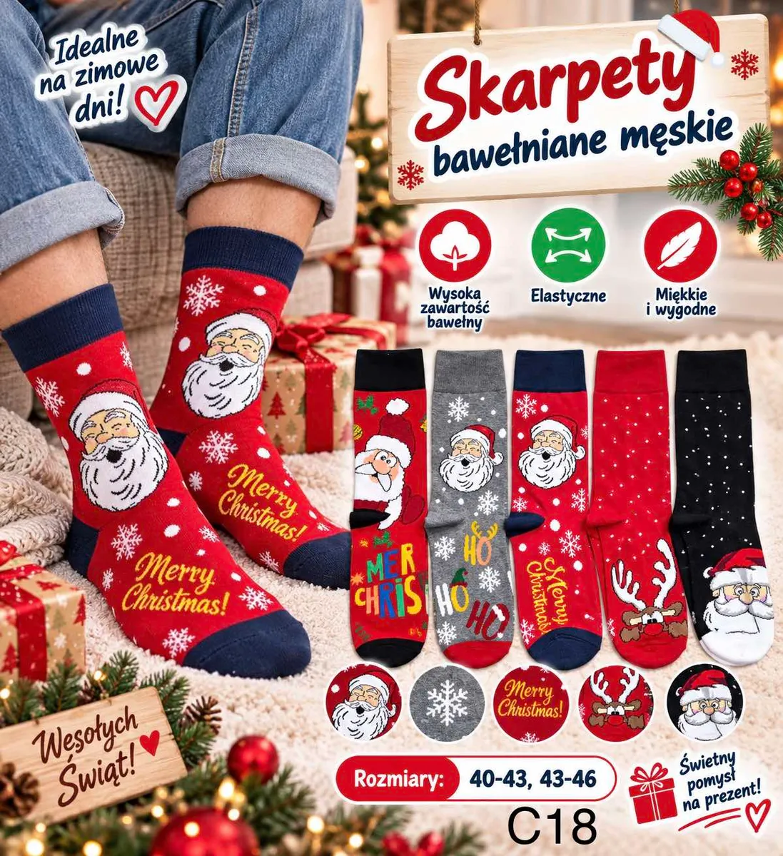 Męskie skarpety bawełniane z motywami świątecznymi: Mikołaj, renifer, napisy, kolory czerwony, granatowy, szary, czarny