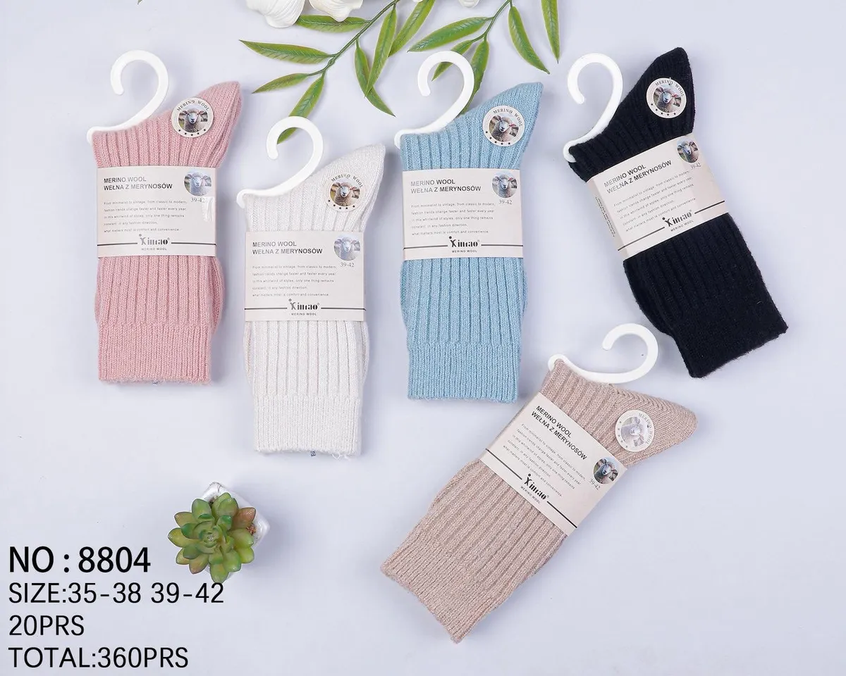 Pięć par prążkowanych skarpet damskich Merino Wool w kolorach różowym, białym, niebieskim, czarnym i beżowym