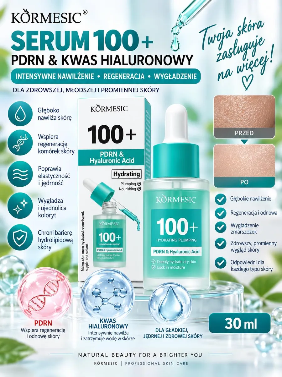 Serum KÒRMESIC 100+ PDRN & Kwas Hialuronowy 30 ml w szklanej butelce z pipetą i turkusową zakrętką obok opakowania