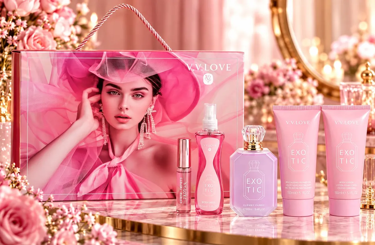 Zestaw kosmetyków V.V.LOVE Exotic w różowym opakowaniu z wizerunkiem kobiety i 5 produktami na blacie