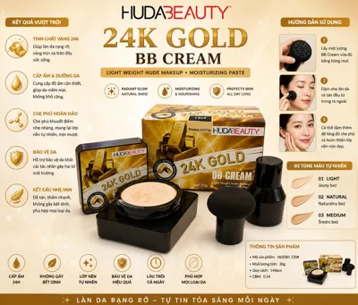 opakowanie kremu BB HUDA BEAUTY 24K Gold 30g z aplikatorem i trzema odcieniami kremu