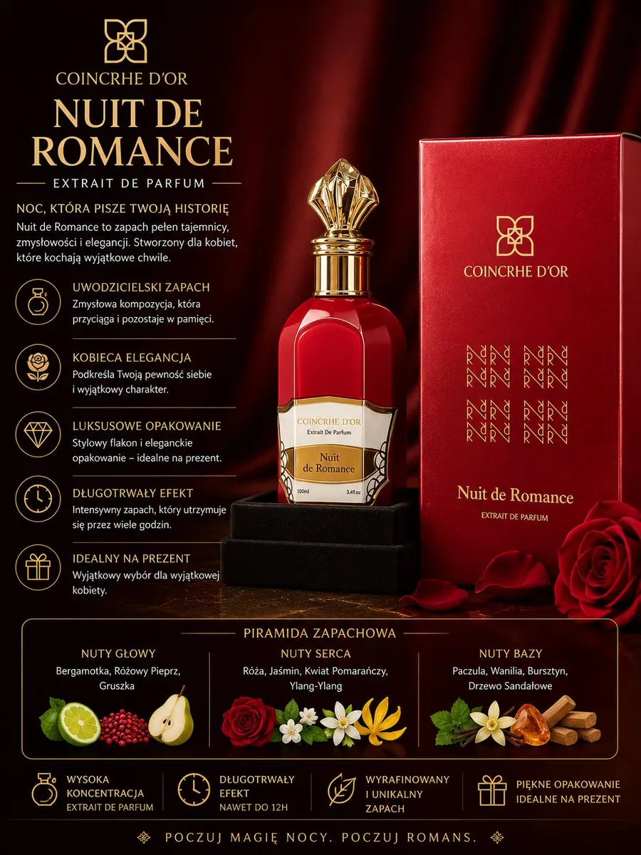 Czerwony flakon perfum Coincrhe D'Or Nuit de Romance 100ml z złotym korkiem i czerwone opakowanie