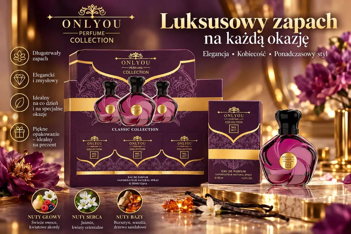 Butelka perfum Onlyou Classic Collection 30ml w fioletowo-złotym opakowaniu z kwiatowymi dekoracjami