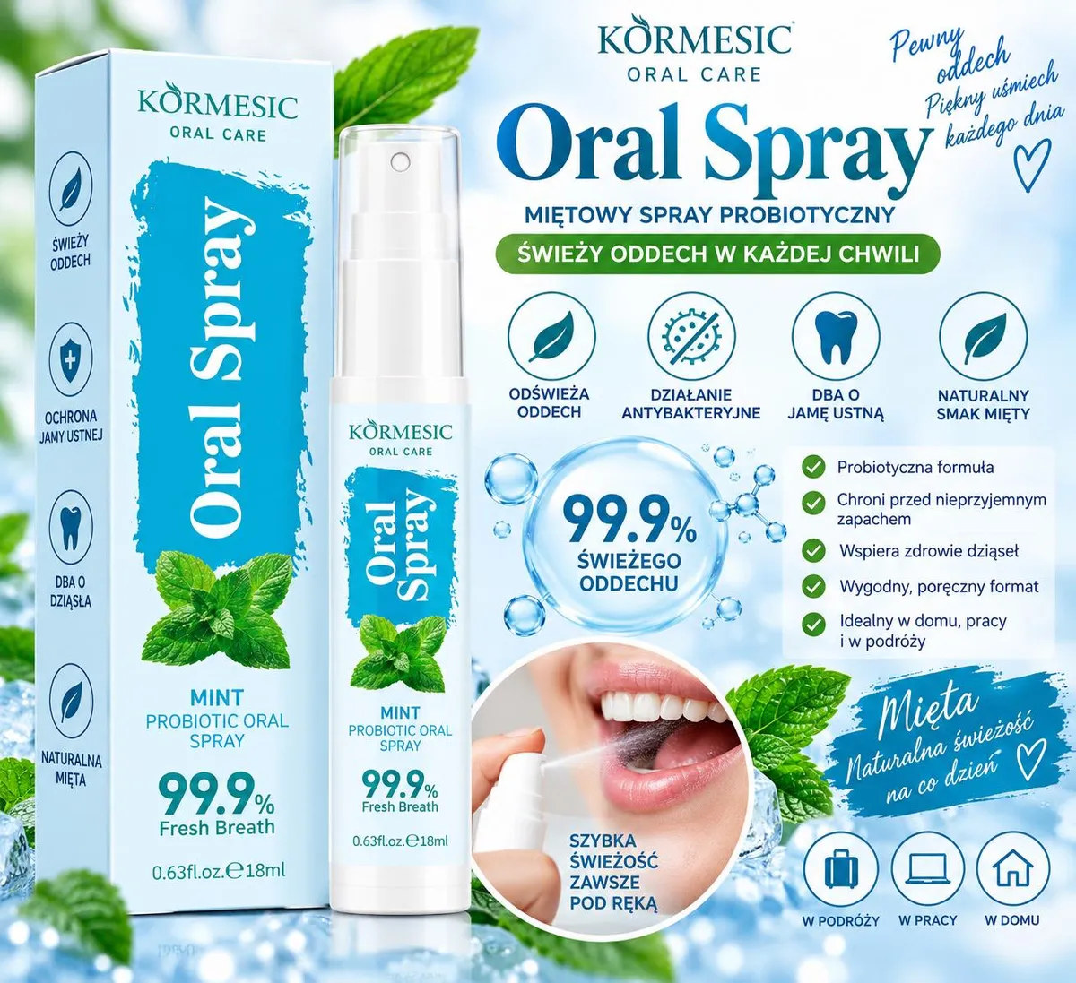 Biały spray do jamy ustnej KORMESIC z niebieską etykietą i opakowaniem z miętą