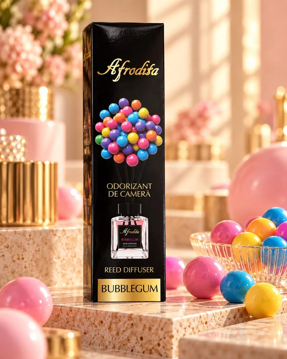 czarne opakowanie Afrodita reed diffuser bubblegum z kolorowymi kulkami i różowym płynem
