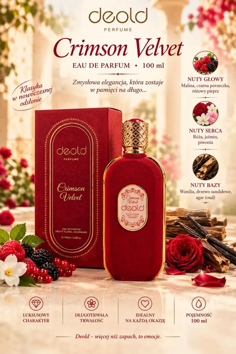 Butelka czerwonych perfum Deold Crimson Velvet 100 ml z ozdobnym złotym korkiem i pudełko