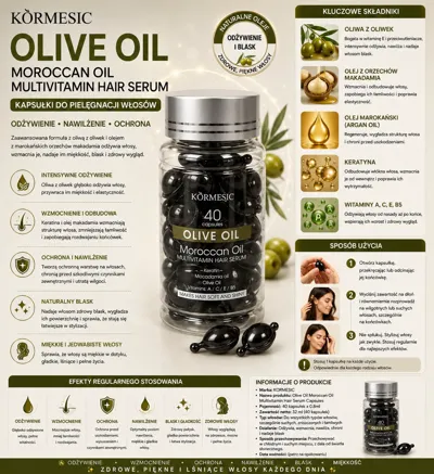 czarne błyszczące kapsułki w przezroczystym słoiku z etykietą KORMESIC Olive Oil